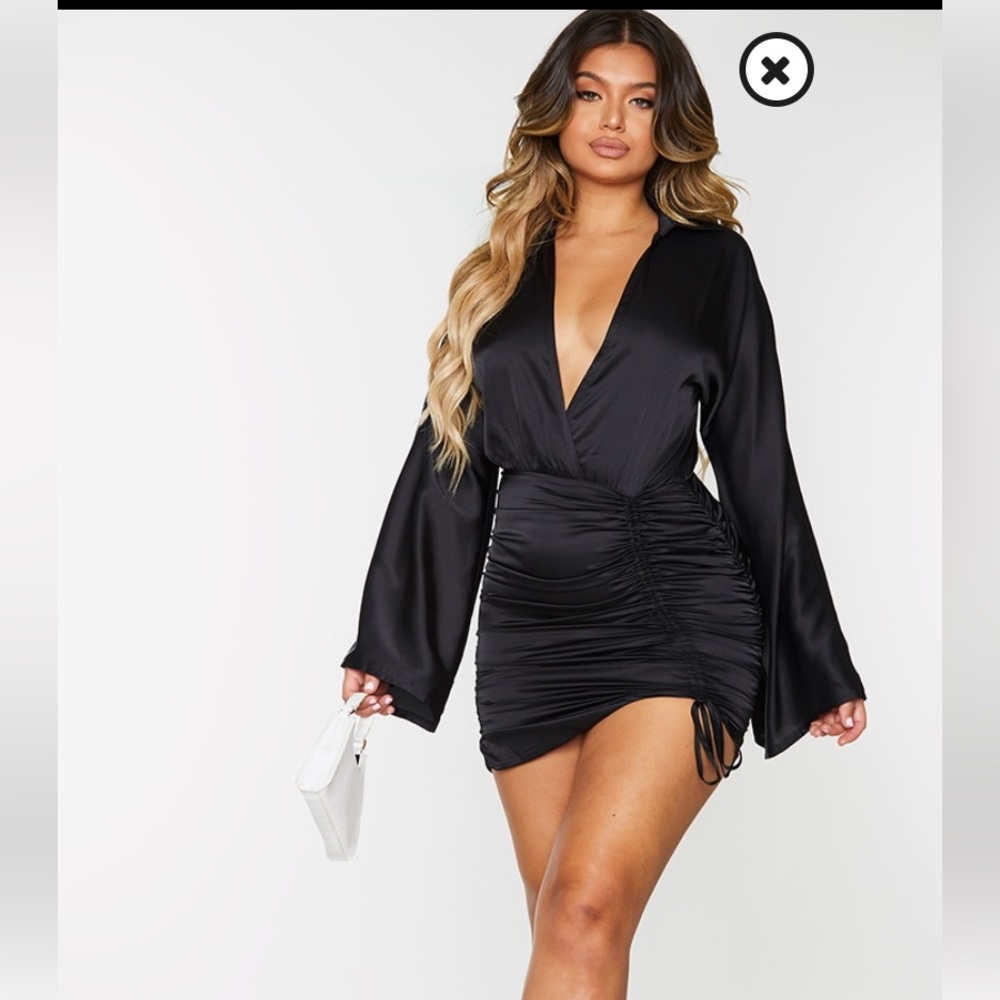 Black Satin Ruched Skirt Flared Sleeve Bodycon Dress